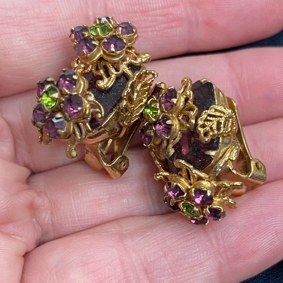 Rare Vintage Alice CAVINESS Purple Art Glass Rhinestone Tassel Designer Set - Picture 5 of 16